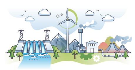 Natural power sources for sustainable electricity production outline concept, transparent background.Green and environmental energy usage for CO2 pollution reduction illustration.