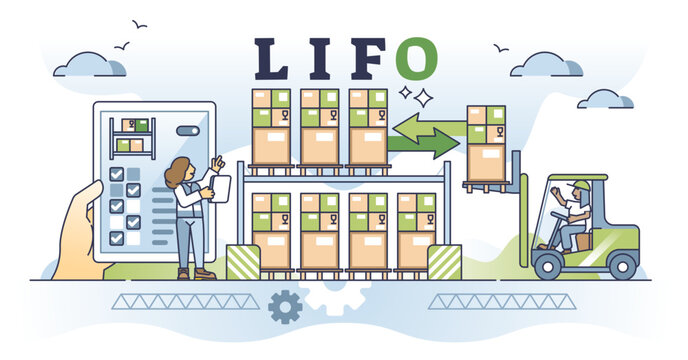 LIFO or last in, first out warehouse management system outline concept, transparent background. Inbound and outbound pallet flow guidance for effective transportation or goods delivery illustration.