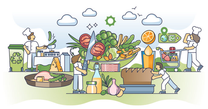 Organic cooking workshop to develop food preparation skills outline concept, transparent background. Ecological ingredients or grocery products usage for chef occupation learning illustration.
