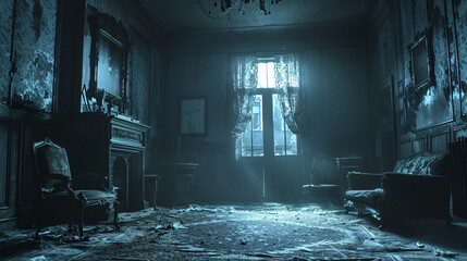 Eerie Victorian Haunted House Interior with Old Furniture and Spooky Atmosphere for Copy Space