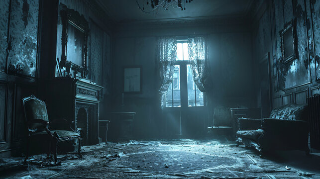 Eerie Victorian Haunted House Interior with Old Furniture and Spooky Atmosphere for Copy Space