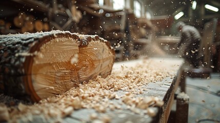 Close-up view of freshly cut timber in a bustling woodworking workshop with sawdust flying in the air, capturing the essence of craftsmanship and industry