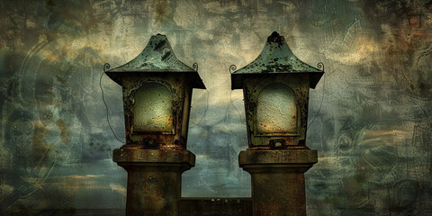 Signal Tower's Guardians: A pair of old, weathered lanterns, still standing tall amidst modern technology.