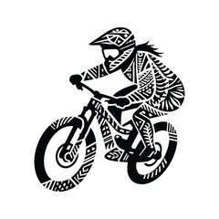 downhill Cycling  female player in ethnic polynesia pattern illustration, emblem shield badge