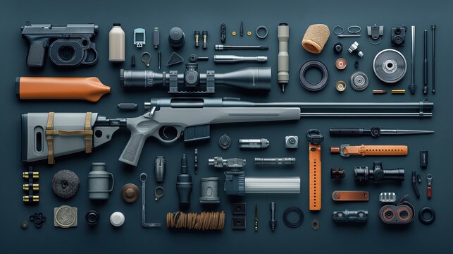 Neatly arranged collection of firearms and accessories including a rifle, handguns, scopes, ammunition, and various firearm components on a flat surface.