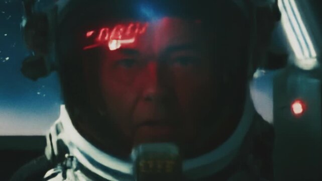 Astronaut pilot in a spaceship cabin, strong turbulence. Face illuminated by red light. Dangerous space travel concept. Cinematic science fiction footage. Stressful situation, under pressure topic.
