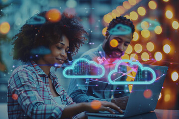 Collaboration in the digital age depicted by two individuals, one sitting with a laptop and the other standing beside, focused on a shared task with cloud technology icons overlaid