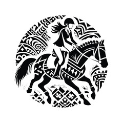 Fototapeta premium Equestrian, horse riding female player in ethnic polynesia pattern illustration, emblem shield badge