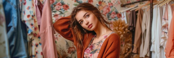 Obraz premium A young woman in a floral dress and orange cardigan stands beside a rack of clothes. Generative AI