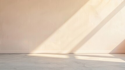 Minimalist Indoor Scene Soft Beige Plaster Wall with Subtle Light Beams and Smooth Concrete Floor in Serene Setting