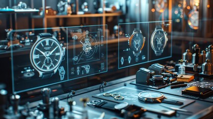 digital watchmaker's workshop with timepiece designs and mechanism simulations displayed on holographic screens
