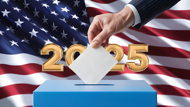 Hand holding ballot in voting ballot box with word 2025 3D gold on USA flag. Vote election day in United States of America. Man putting vote into ballot box against national flag of United States.