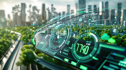 Futuristic Smart Car Dashboard in Urban Cityscape 