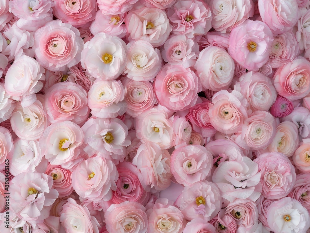Poster Aerial View of Pastel Pink Ranunculi in Precise Geometric Symmetrical Pattern - Soft and Diffused Lighting Emphasizing Intricate Floral Designs