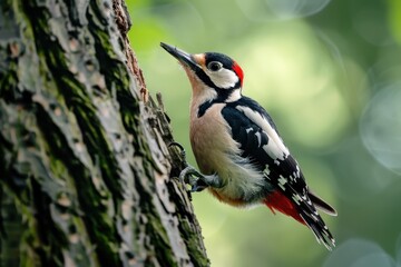 Fototapeta premium A great spotted woodpecker clinging to the side of a tree, with its vivid red cap contrasting against the bark. 