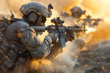 Fototapeta premium Military Troops in Camouflage Gear Engage in Combat, Targeting Enemies with Advanced Weapons During a Fierce Firefight in a War Zone The Soldiers Demonstrate Expertise in Tactical Maneuvers