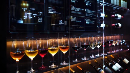 digital wine bar with interactive tasting notes and wine origin information on transparent OLED screens