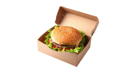 Juicy delicious burger in a box. Delicious fast food. Close-up. Isolated on transparent background