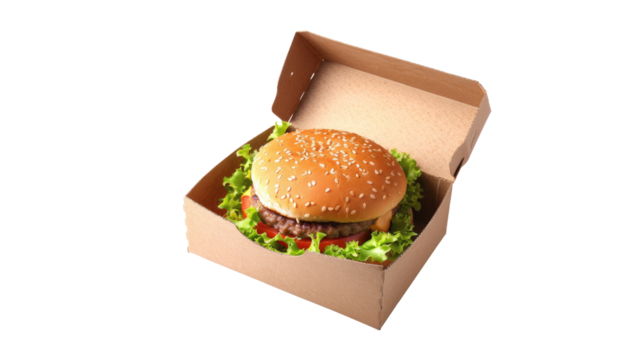 Juicy delicious burger in a box. Delicious fast food. Close-up. Isolated on transparent background