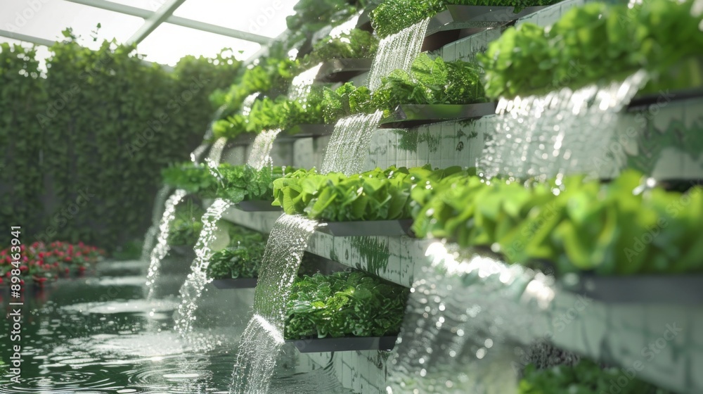 Poster a hydroponic farm grows plants on a vertical wall with cascading water features watering each level.