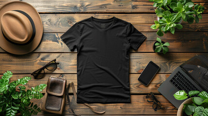 A stylish black T-shirt laid flat on a wooden surface, surrounded by various lifestyle accessories including a hat, sunglasses, a smartphone, and plants. 