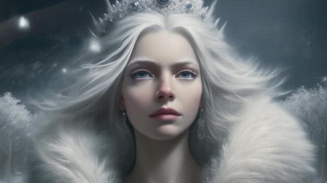 Beautiful winter fairytale princes. Cinematic fantasy video. Fairy tale, fable concept. Frozen landscape.