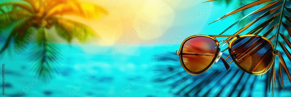 Poster sunglasses are resting on a palm leaf with a blurred view of a beach and sunset in the background. g