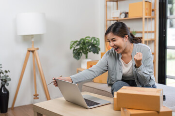 Young Woman Celebrating Online Sales Success in Modern Home Office with Laptop and Packaging Boxes