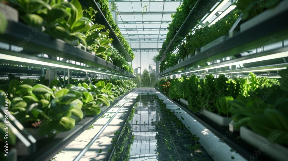 Poster a vertical farm with rows of plants growing under artificial light, showcasing a modern approach to 