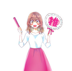 うちわとサイリウムを持って推し活をする女性　赤