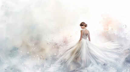Elegant woman bride in a flowing wedding dress with a delicate background. Concept of wedding, marriage ceremony, bridal fashion, romance. Watercolor illustration. Copy space