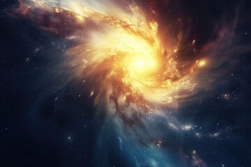 The mesmerizing glow of a quasar emitting powerful radiation, A dark, swirling mass in space, emitting no light, surrounded by stars, AI generated