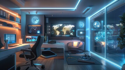 futuristic home office setup with integrated smart home technology controlling lighting, temperature, and security