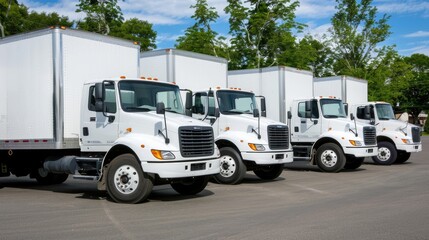 A row of white semi trucks are parked in a parking lot. The sun is setting in the background