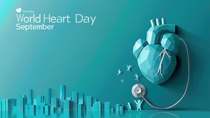 World Heart Day concept, heart with a stethoscope and many people in the city, paper illustration, and 3d paper.vector