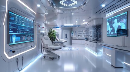 futuristic hospital room designed for telemedicine, with doctors consulting via digital screens and advanced tech interfaces