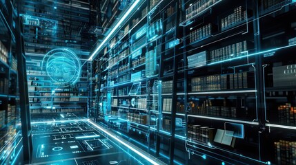 futuristic library with digital archives accessible through touch-responsive holographic interfaces
