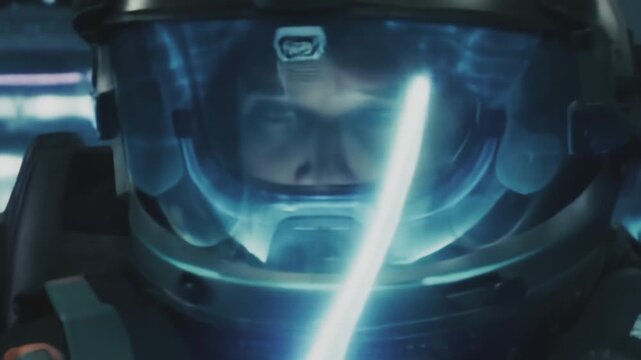 Close up of astronaut in a helmet in spaceship cabin during space warp jump.Turbulences in a cabin. Console lights blinking. Lightspeed, space travel concepts.Futuristic science fiction cinematic clip
