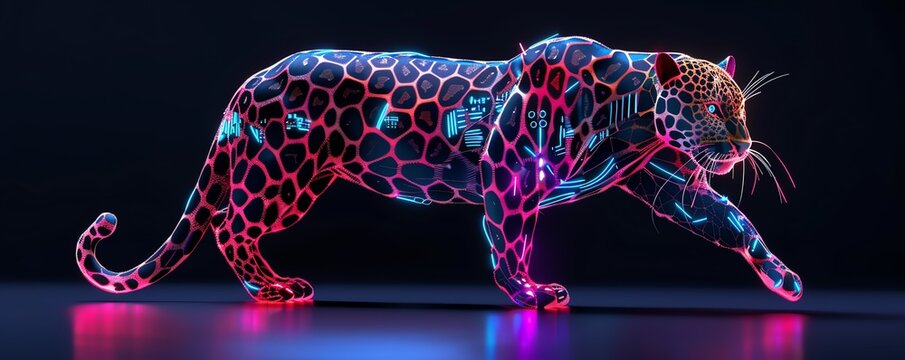 3D render of a neon leopard with cybernetic spots, tech gadgets integrated, futuristic