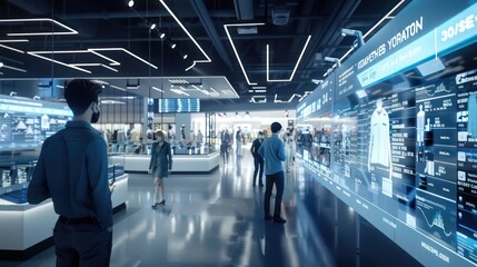 futuristic retail analytics center with customer flow data and shopping behavior metrics on interactive displays