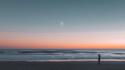 A minimalist photo of the horizon, featuring pastel colored sky and sea with a small figure walking along the beach in silhouette, rainbow-like gradient from blue to pink, creating a serene atmosphere