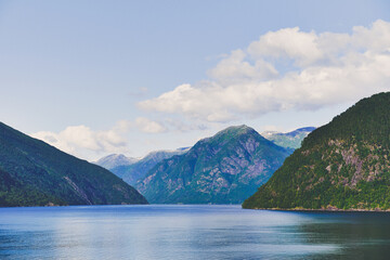 View of the Fjaerlandsfjorden Fjord from the Norwegian Scenic Route of the Gaularfjellet Mountains in July 2024.