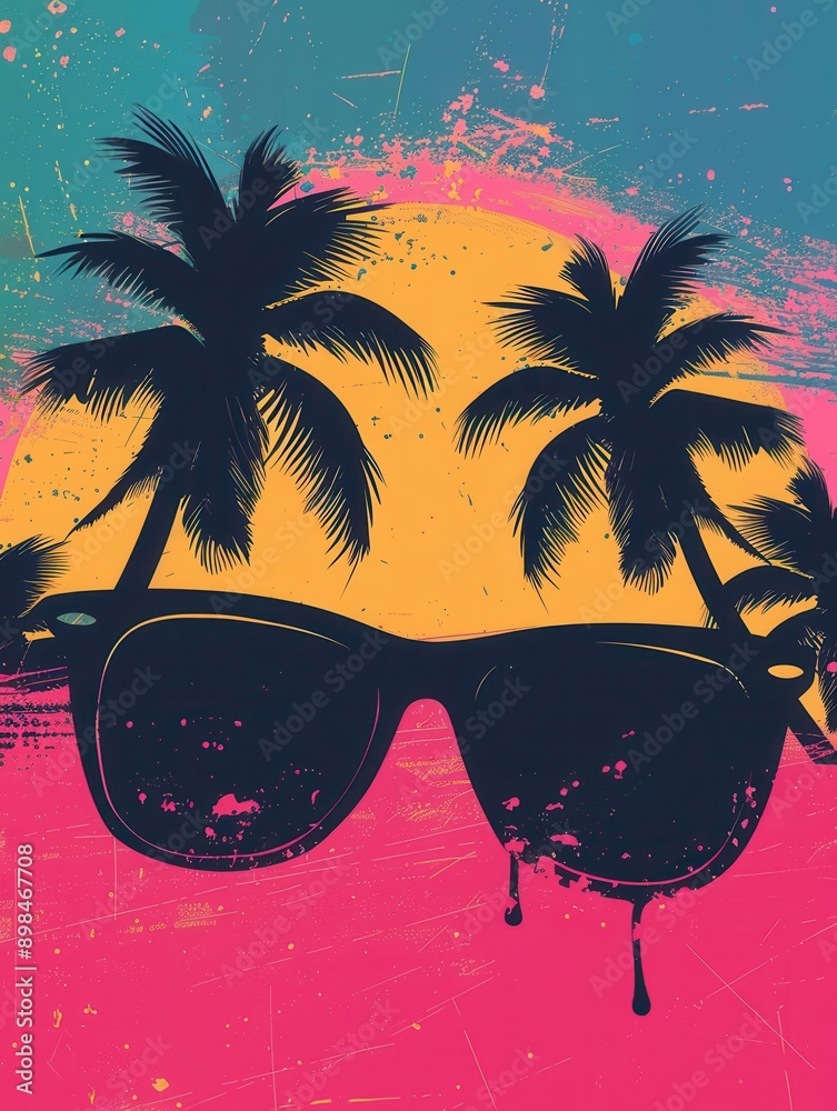 Aufkleber silhouettes of palm trees with sunglasses against a setting sun. generative ai