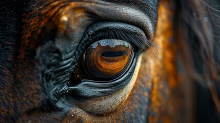 Close up of a horse's brown eye reflecting light, showing the detail of the animal's face