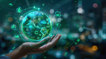 Digital Globe in Hand with Futuristic Interface at Night 