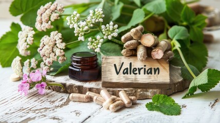 Valerian supplements flowers and capsules. Selective focus.