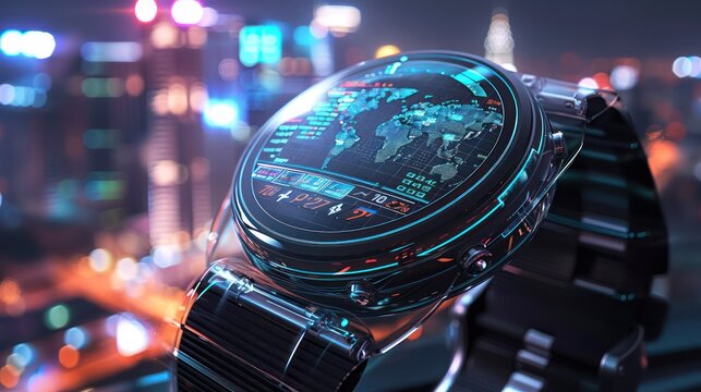 futuristic smartwatch displaying real-time global stock data on a sleek interface, with a glowing city skyline in the background