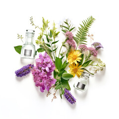 Set of medicinal herbs and bottles on a white background. Medicine, perfumery, aromatherapy, spa.