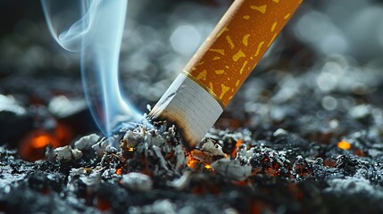 Detailed shot of cigarette ashes falling from a burning tip, with smoke trails in the background to emphasize tobacco use