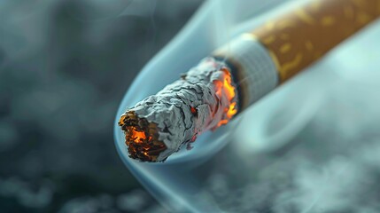 Close-up of a burning cigarette with visible tobacco leaves and smoke, captured against a clean background to highlight smoking